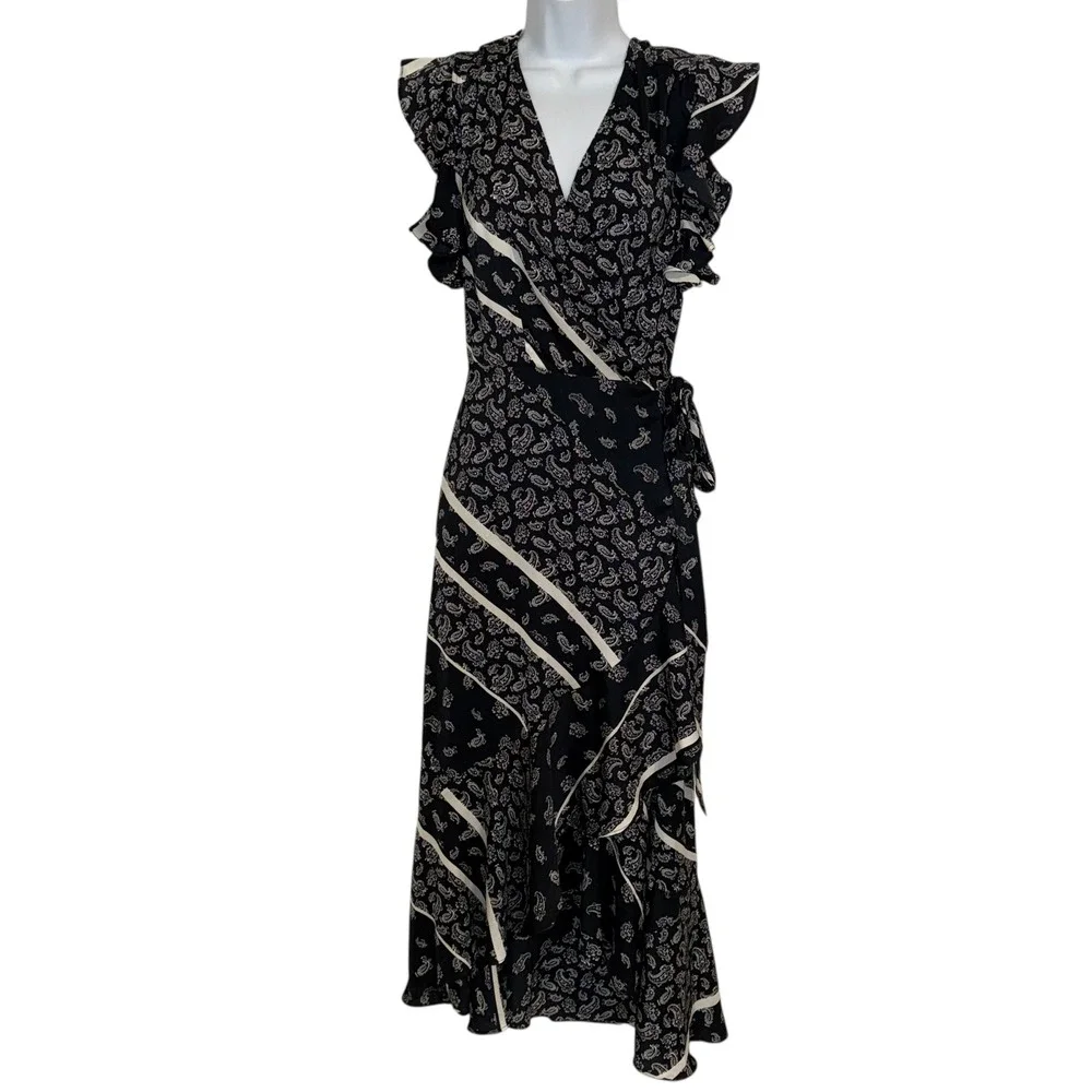 GIGI PARKER Black White Paisley Ruffle Wrap Flutter Sleeve Midi Dress‎ EUC Small